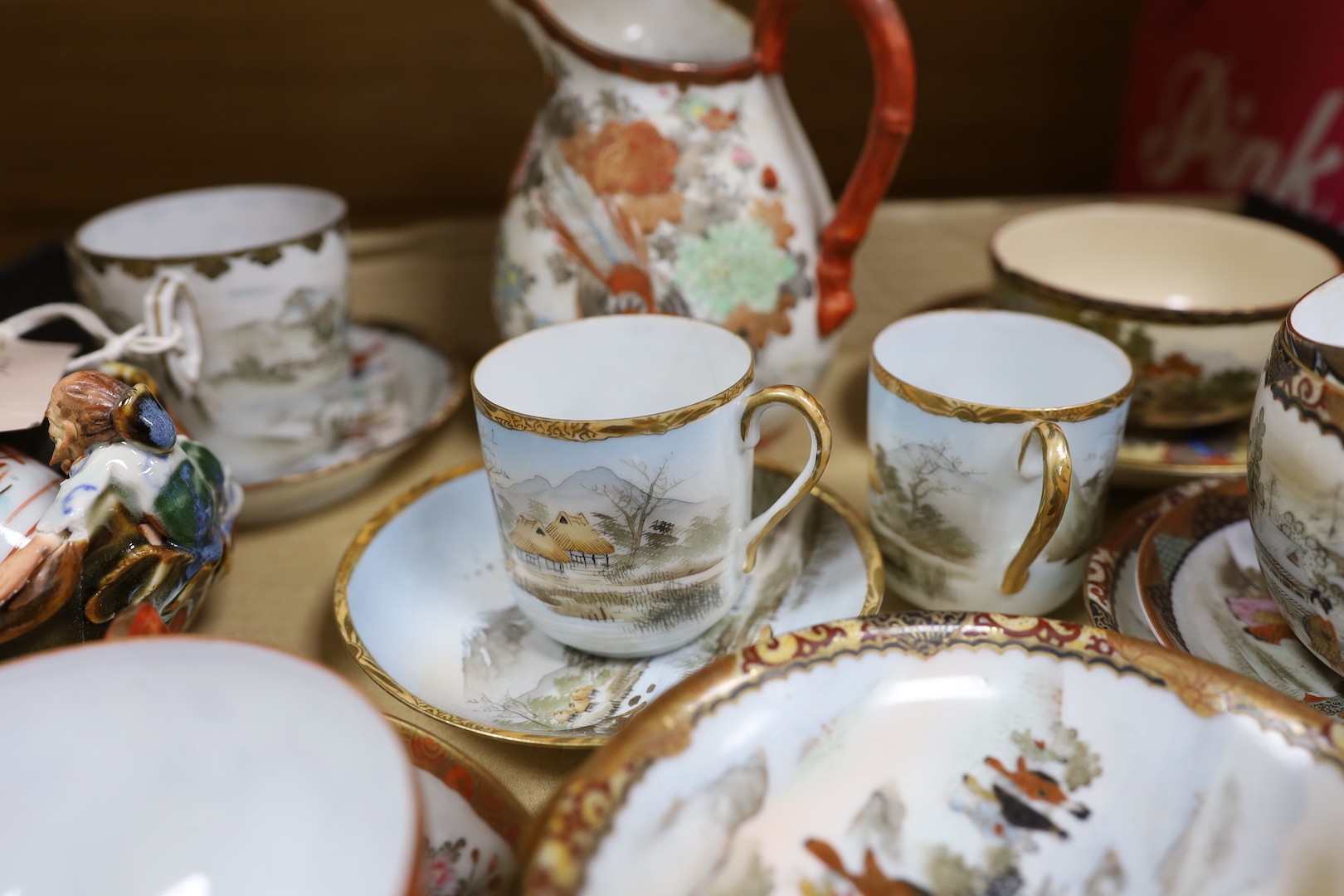 Japanese Satsuma pottery teacup and saucer, various Japanese excel porcelain cups and saucers and a Sumida bowl